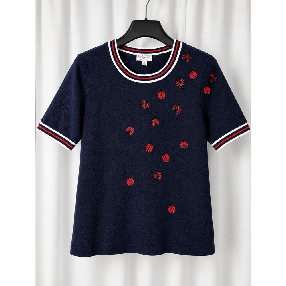 Talbots x Oprah Navy Blue Bead Embroidery Lady Bug Limited Edition Sweater